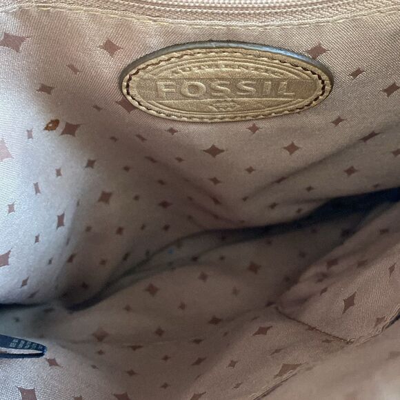 VTG Fossil Tan Leather Canvas Geometric Patterned Crossbody Bag Boho Retro NWOT - Picture 9 of 11